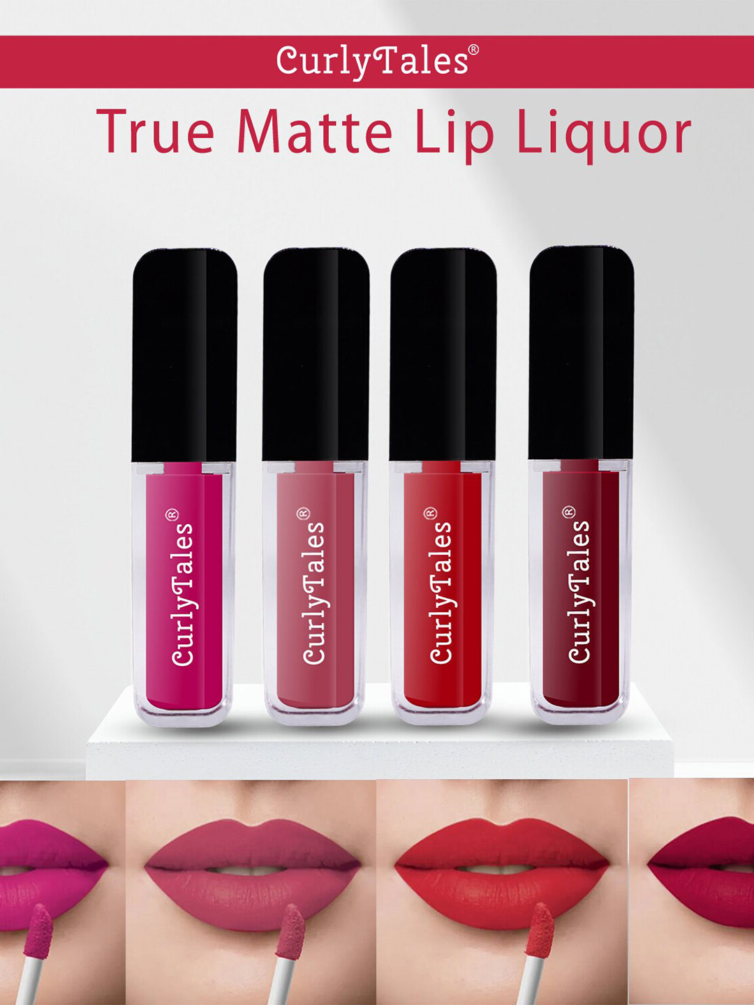 CurlyTales Set of 4 Lightweight & Waterproof True Matte Liquid Lipsticks 4 ml Each-Magenta 04 - Peach 10 - Red 11 - Maroon 14