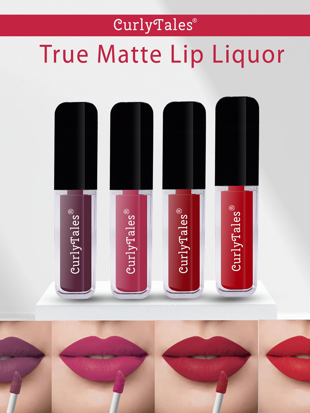 CurlyTales Set of 4 Lightweight & Waterproof True Matte Liquid Lipsticks 4 ml Each-Light Purple 01 - Peach 02 - Red 03 - Red 11