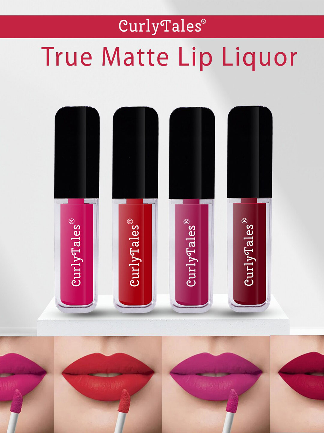 CurlyTales Set of 4 Lightweight & Waterproof True Matte Liquid Lipsticks 4 ml Each-Magenta Pink 05 - Red 11 - Pink 12 - Maroon 14