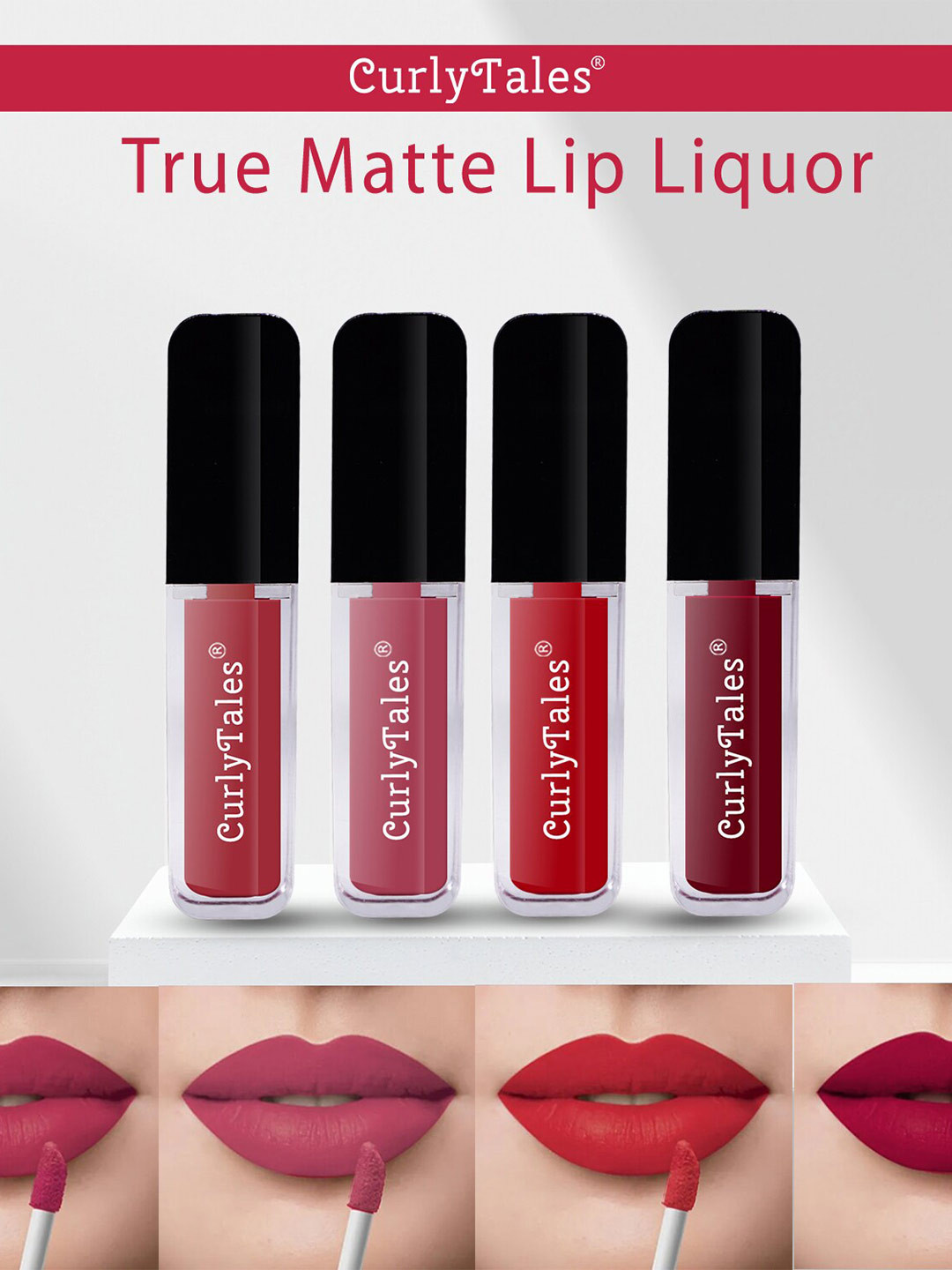 CurlyTales Set of 4 Lightweight & Waterproof True Matte Liquid Lipsticks 4 ml Each-Brick Red 06 - Peach 10 - Red 11 - Maroon 14