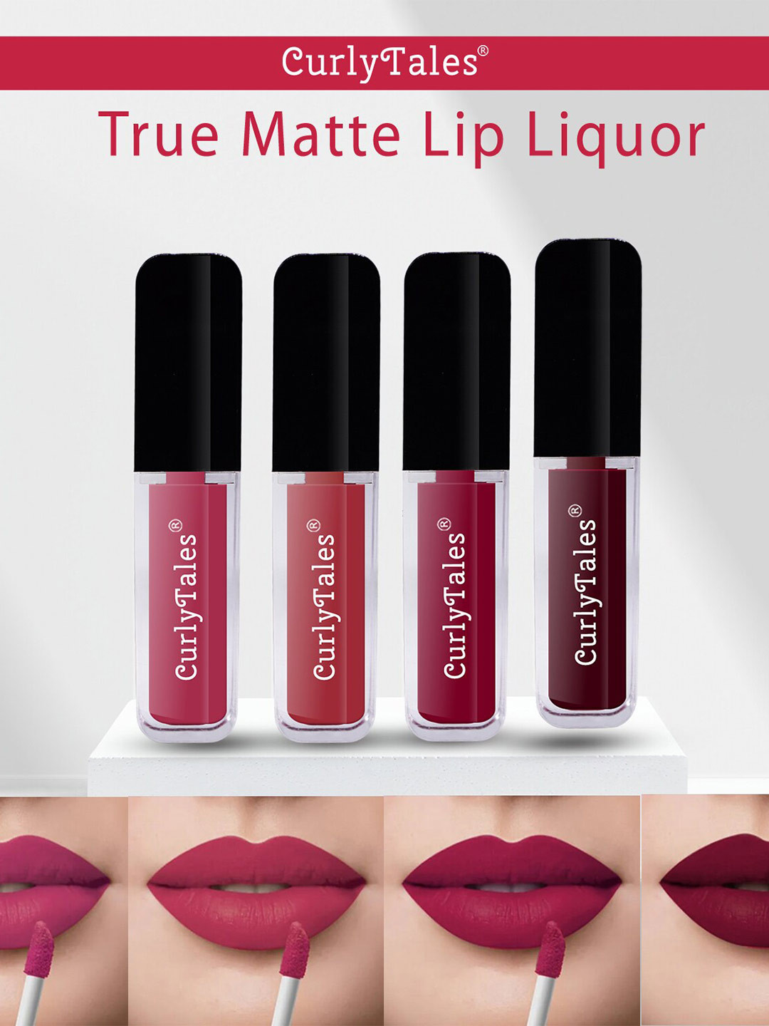CurlyTales Set of 4 Lightweight & Waterproof True Matte Liquid Lipsticks 4 ml Each-Peach 02 - Brick Red 06 - Cherry Red 07 - Wine 13