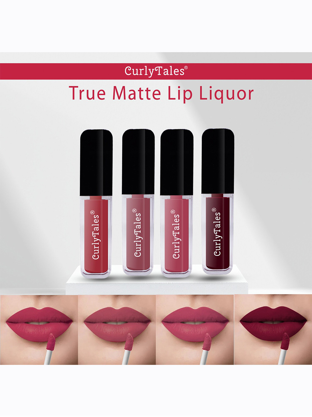 CurlyTales Set of 4 Lightweight & Waterproof True Matte Liquid Lipsticks 4 ml Each-Brick Red 06 - Nude 09 - Peach 10 - Wine 13