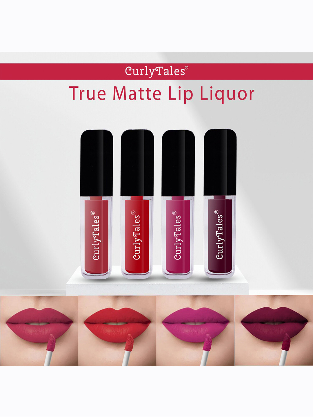 CurlyTales Set of 4 Lightweight & Waterproof True Matte Liquid Lipsticks 4 ml Each-Brick Red 06 - Red 11 - Pink 12 - Wine 15