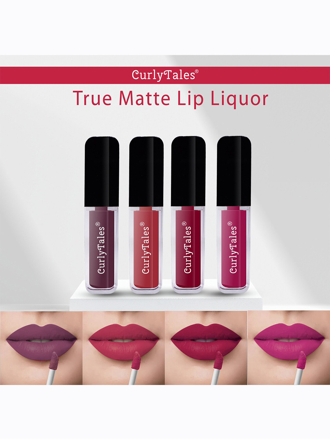 CurlyTales Set of 4 Lightweight & Waterproof True Matte Liquid Lipsticks 4 ml Each-Light Purple 01 - Brick Red 06 - Cherry Red 07 - Pink 12