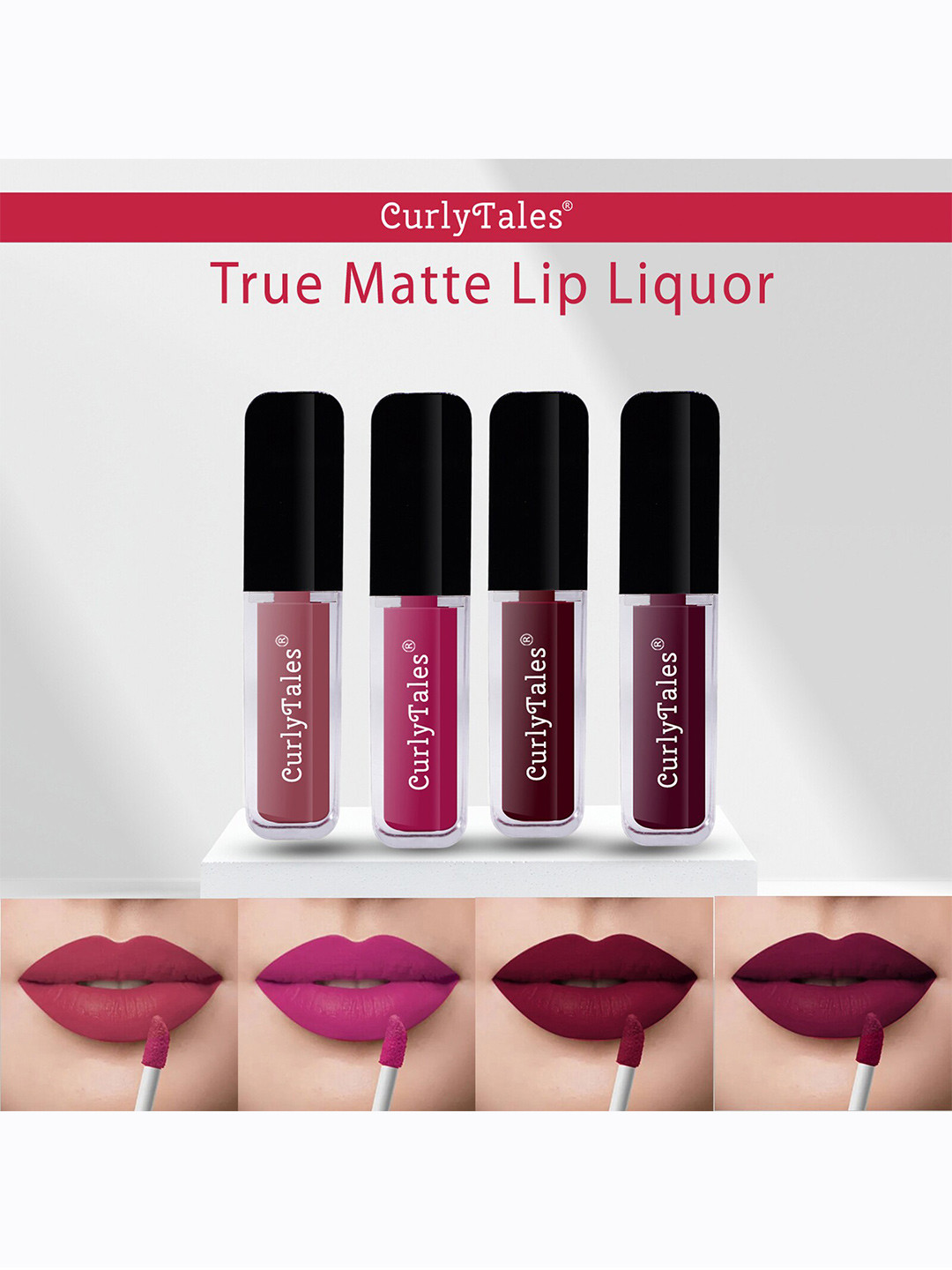 CurlyTales True Matte Set Of 4 Liquid Lipstick 4ml Each - Nude, Pink, Wine13, Wine15
