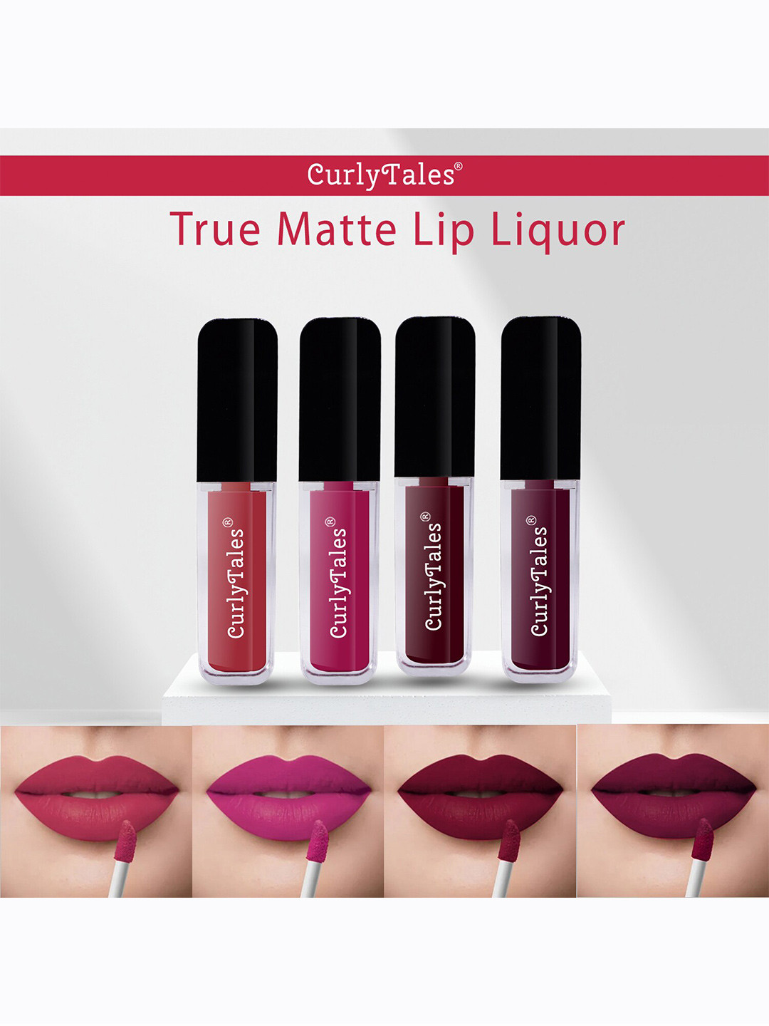 CurlyTales True Matte Set Of 4 Liquid Lipstick 4ml Each - Brick Red, Pink, Wine 13&15