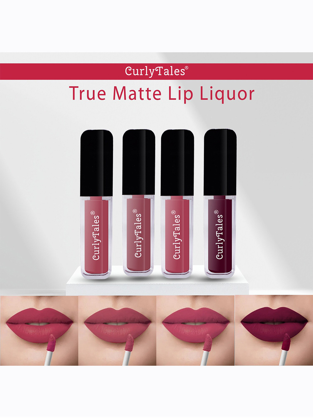 CurlyTales True Matte Set Of 4 Liquid Lipstick 4ml Each - Pink Nude, Nude, Peach, Wine