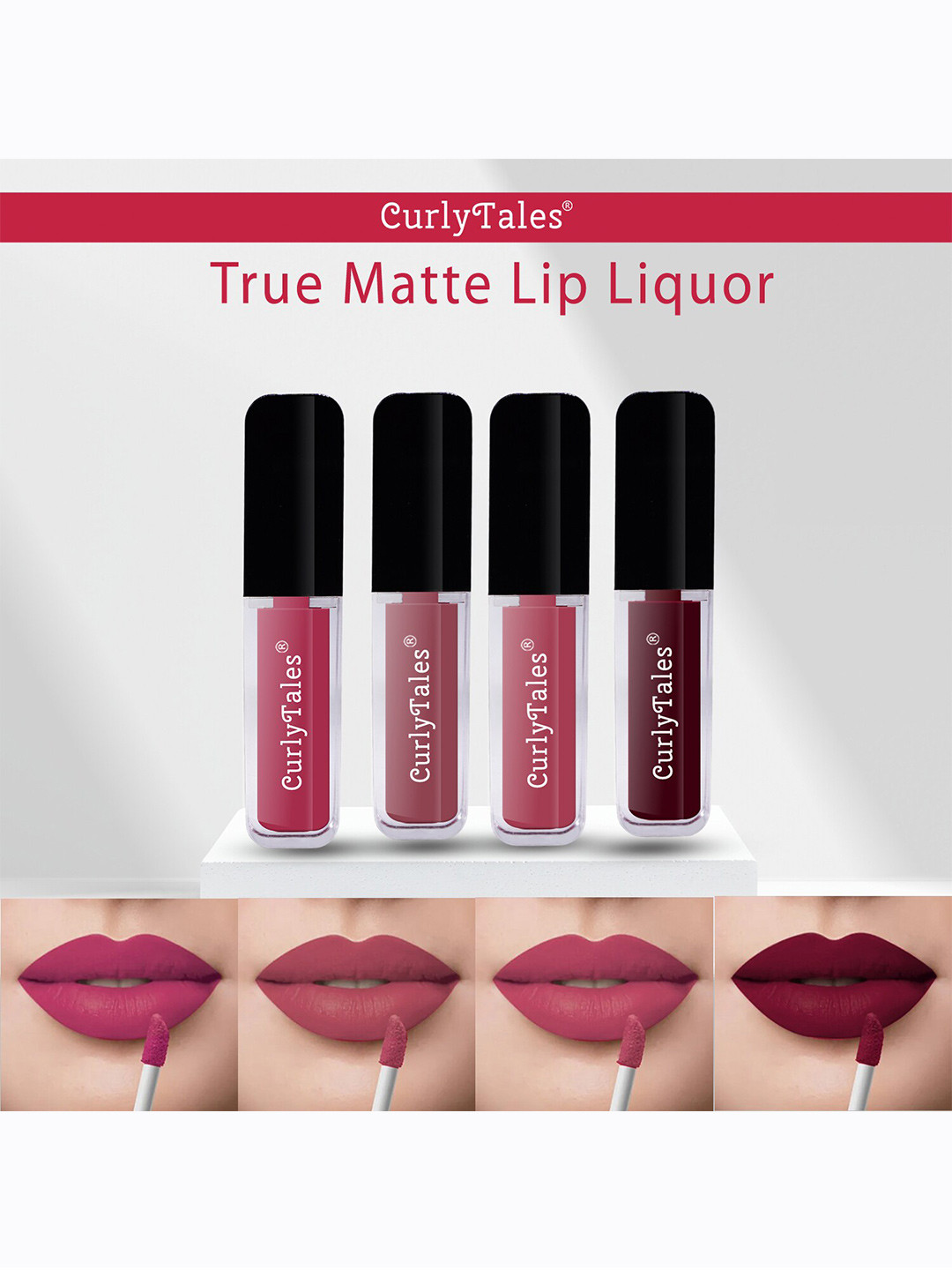 CurlyTales True Matte Set Of 4 Liquid Lipstick 4ml Each - Peach, Nude, Peach, Wine