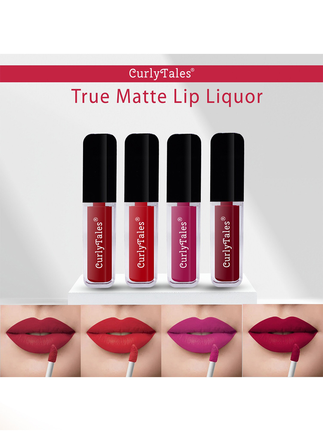 CurlyTales True Matte Set Of 4 Liquid Lipstick 4ml Each - Red 3&11, Pink, Maroon