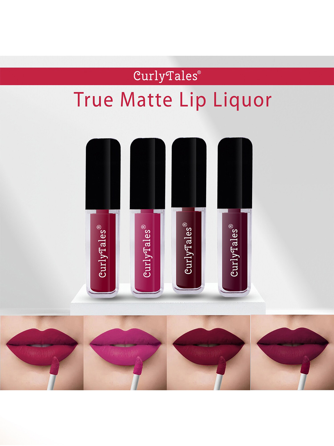 CurlyTales True Matte Set Of 4 Liquid Lipstick 4ml Each - Cherry Red, Pink, Wine13&5