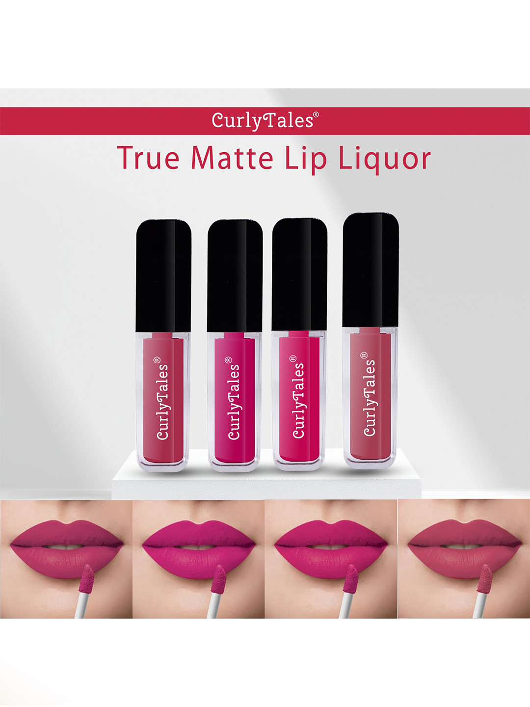 CurlyTales True Matte Set Of 4 Liquid Lipstick 4ml Each - Peach 02 &10, Magenta 04 & 5