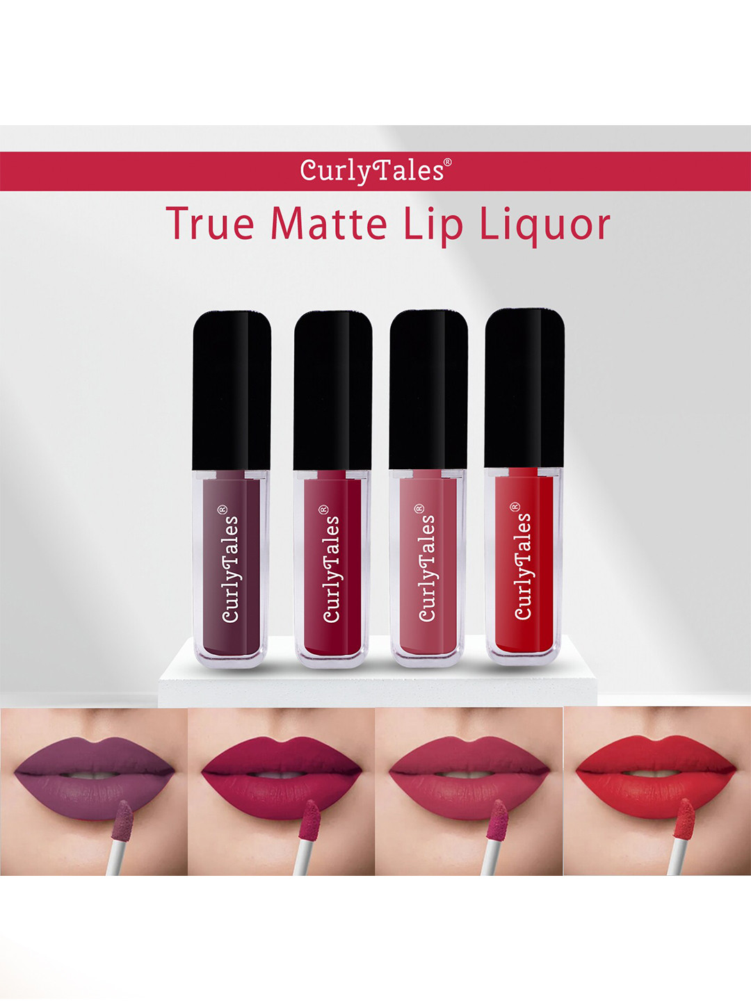 CurlyTales True Matte Set Of 4 Liquid Lipstick - Purple, Cherry Red, Pink Nude, Red