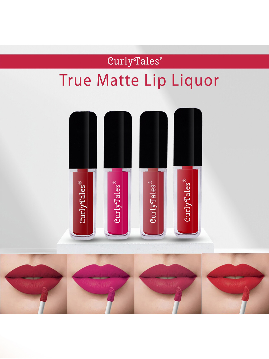 CurlyTales True Matte Set Of 4 Liquid Lipstick 4ml Each - Red 3&11, Magenta, Brick Red