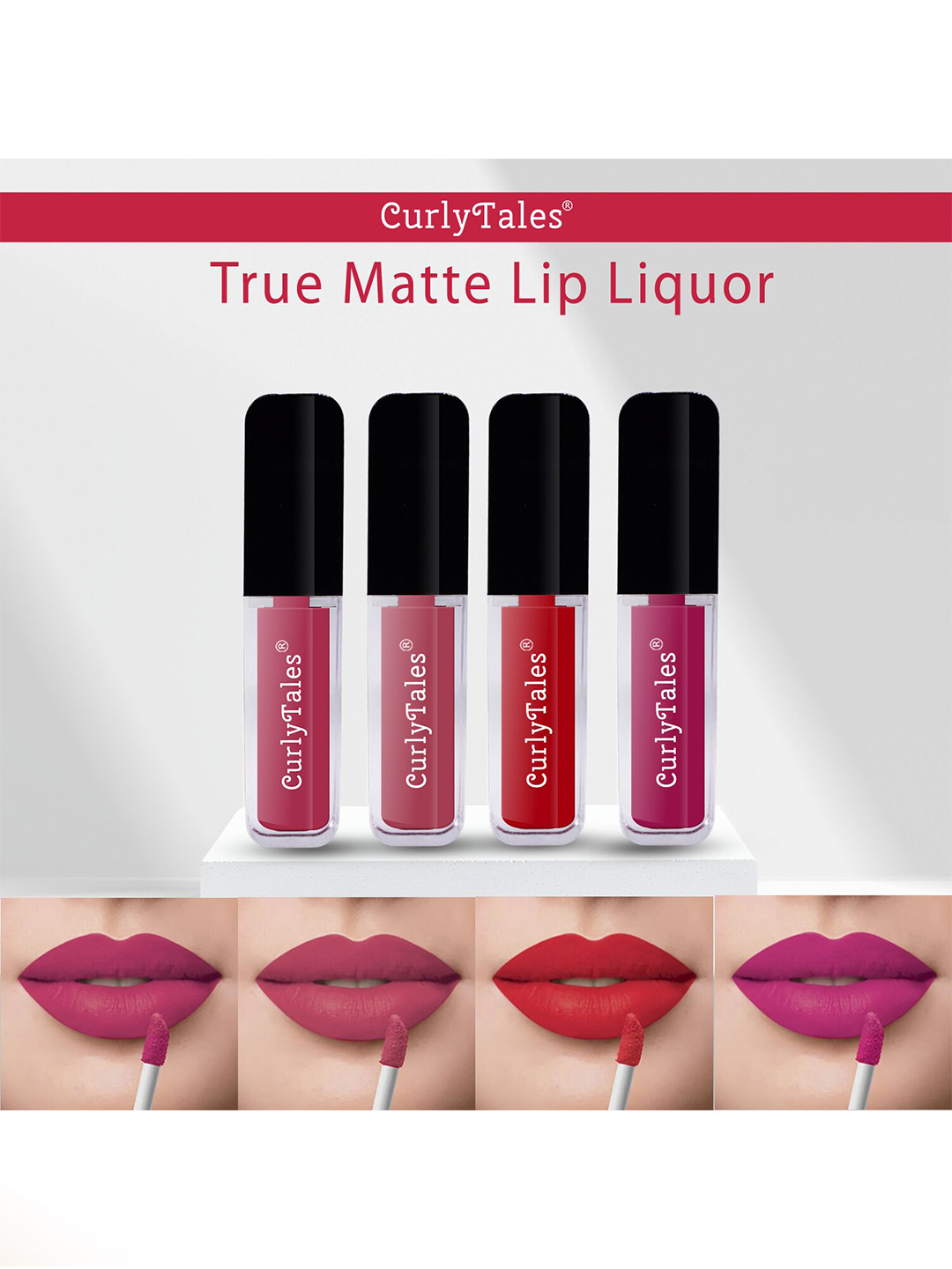 CurlyTales True Matte Set Of 4 Liquid Lipstick 4ml Each - Peach 02, Red, Pink