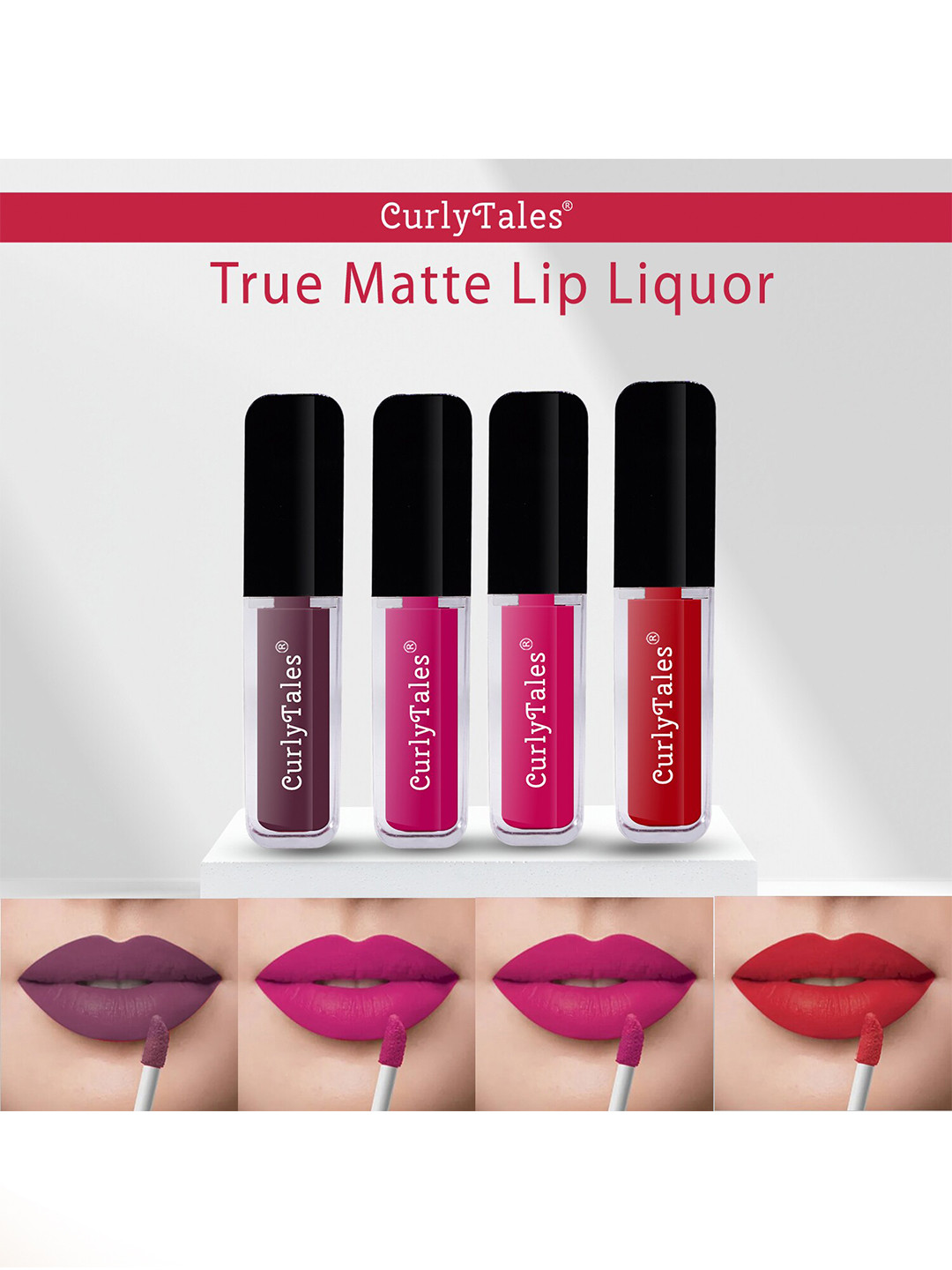 CurlyTales True Matte Set Of 4 Liquid Lipstick 4ml Each - Purple, Magenta 4&5, Red