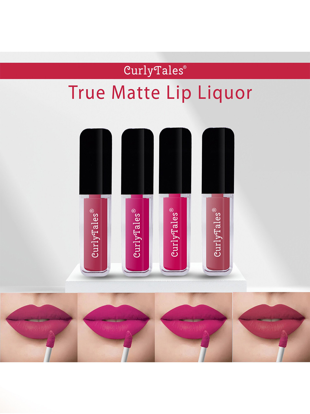 CurlyTales True Matte Set Of 4 Liquid Lipstick 4ml Each - Peach, Magenta 4 & 5, Pink Nude