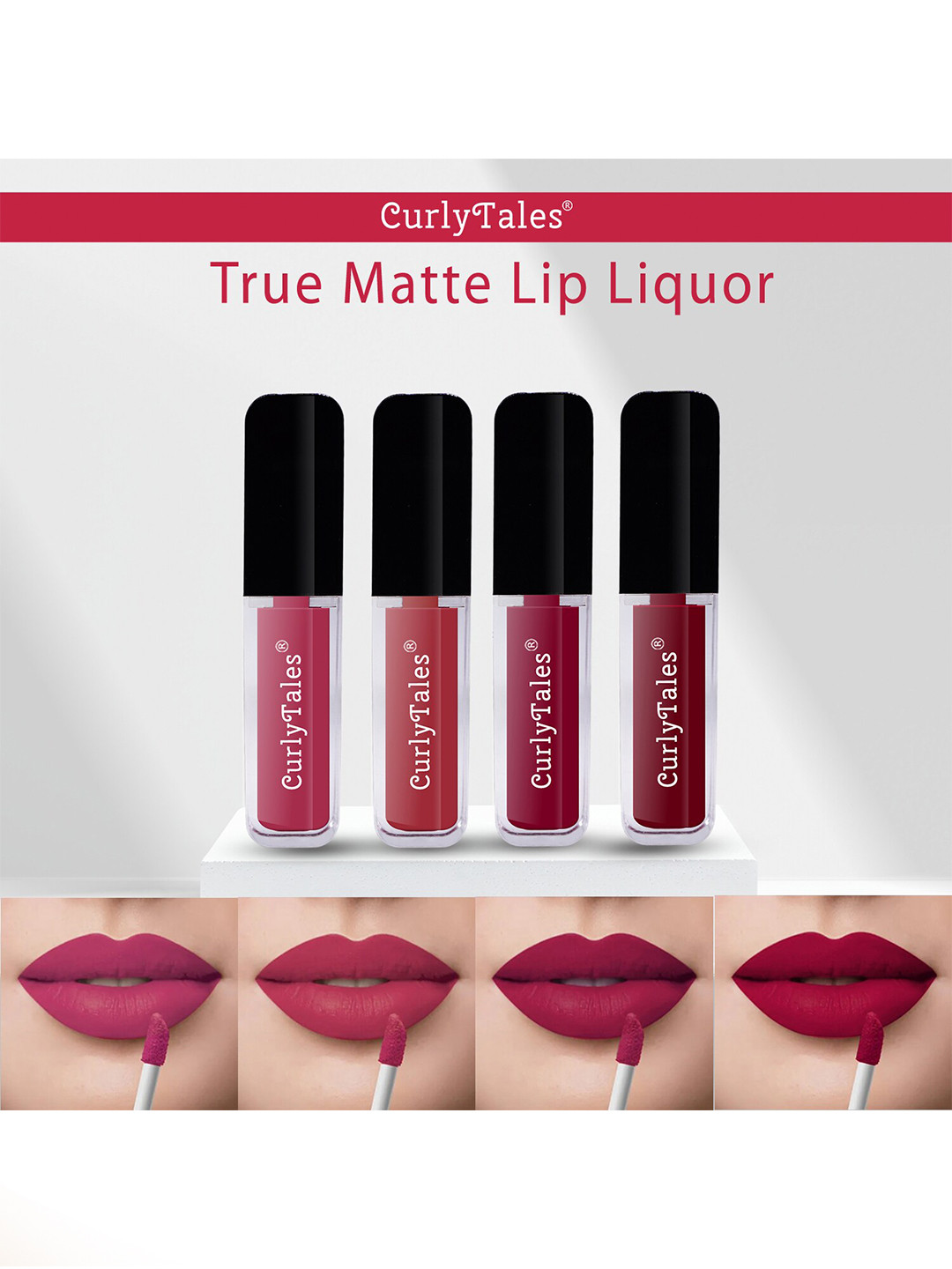 CurlyTales True Matte Set Of 4 Liquid Lipstick - Peach, Brick Red, Cherry Red, Maroon