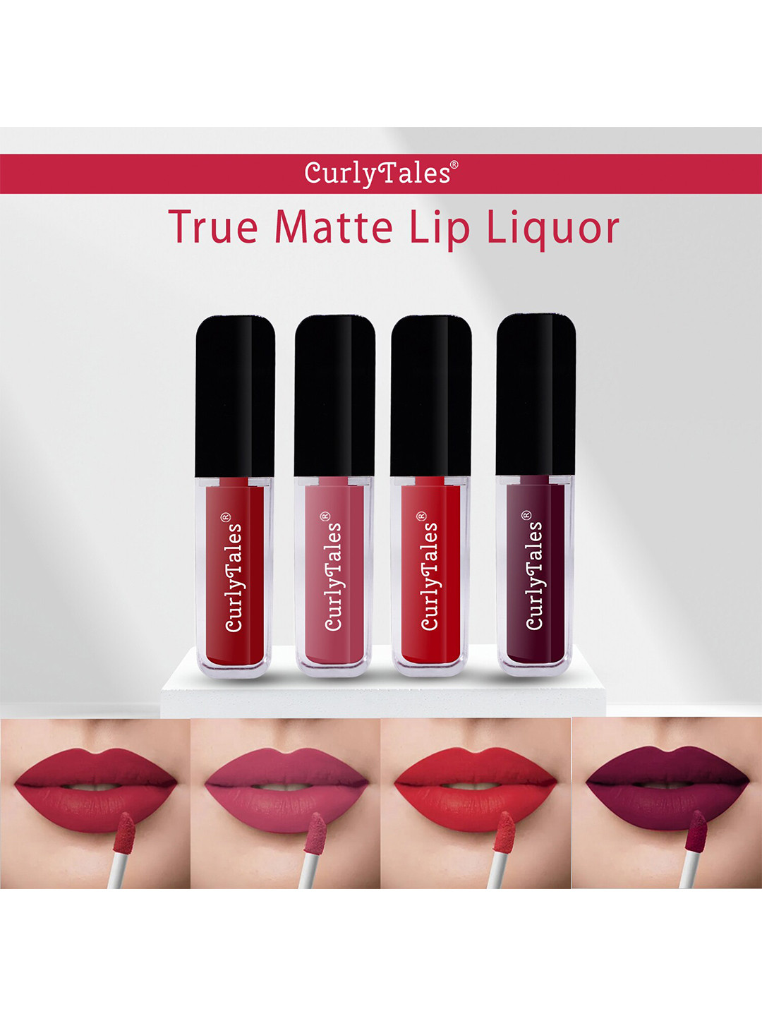 CurlyTales True Matte Set Of 4 Liquid Lipstick 4ml Each - Red10, Peach, Red11, Wine
