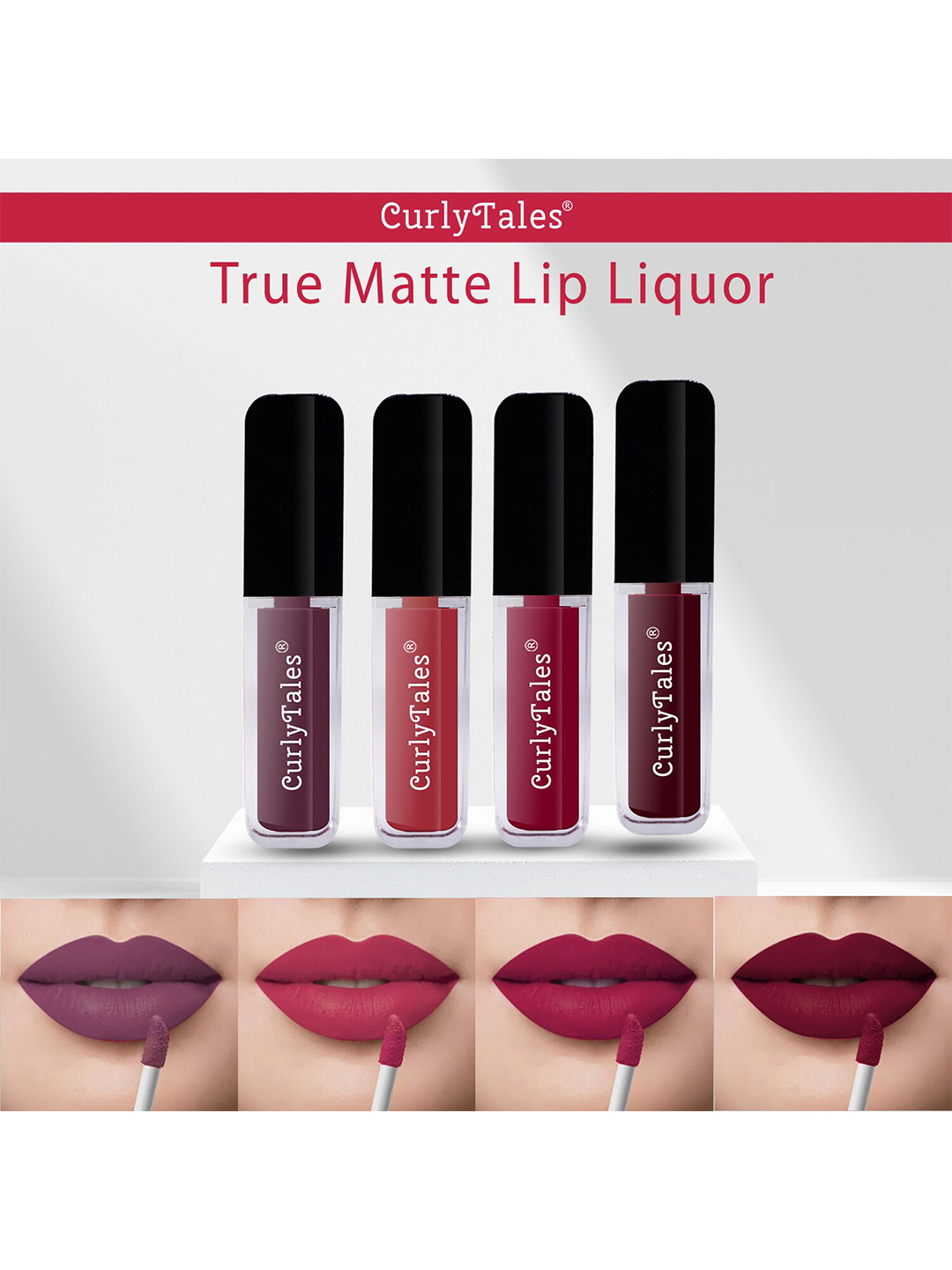 CurlyTales Set of 4 Lightweight & Waterproof True Matte Liquid Lipsticks 4 ml Each-Light Purple 01 - Brick Red 06 - Cherry Red 07 - Wine 13