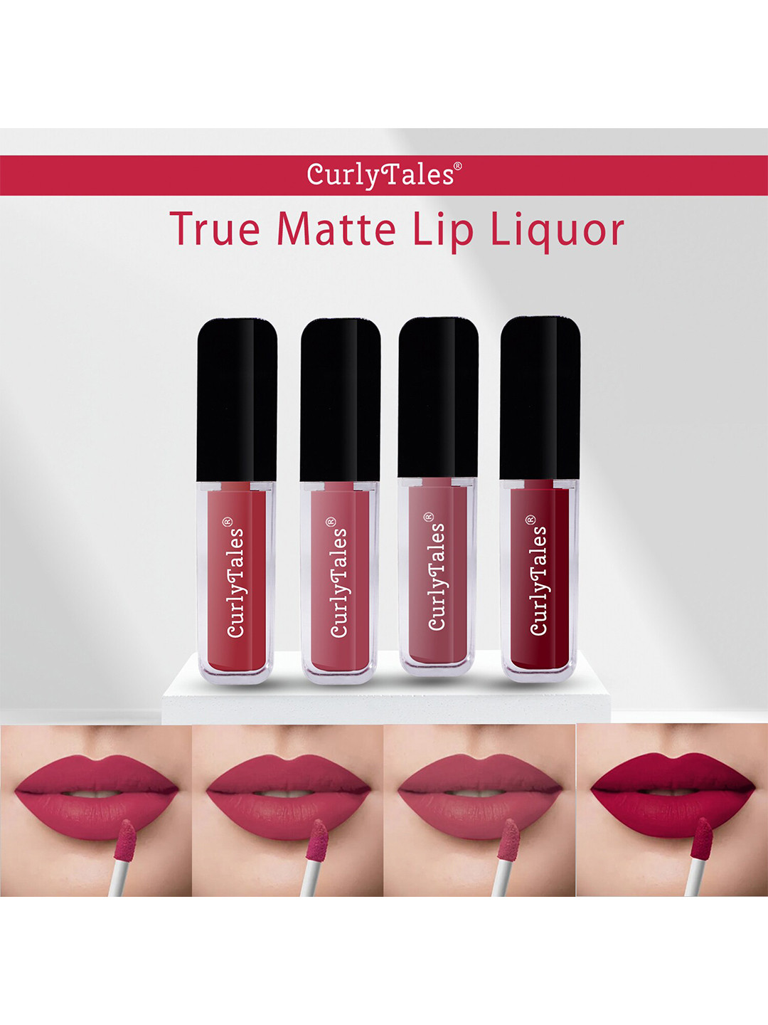 CurlyTales Set of 4 Lightweight & Waterproof True Matte Liquid Lipsticks 4 ml Each-Brick Red 06 - Pink Nude 08 - Nude 09 - Maroon 14