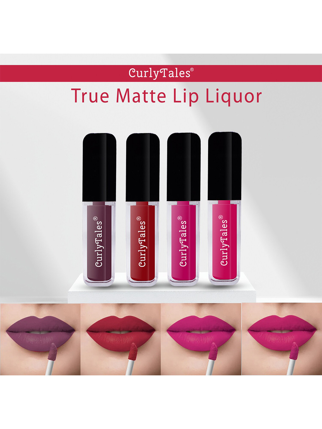 CurlyTales Set of 4 Lightweight & Waterproof True Matte Liquid Lipsticks 4 ml Each-Light Purple 01 - Red 03 - Magenta 04 - Magenta Pink 05