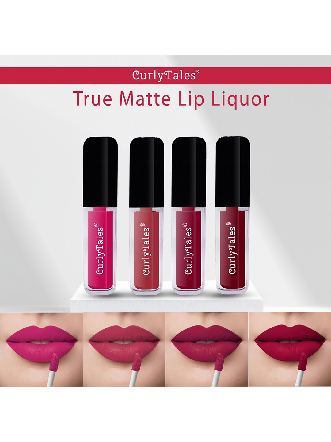 CurlyTales Set of 4 Lightweight & Waterproof True Matte Liquid Lipsticks 4 ml Each-Magenta Pink 05 - Brick Red 06 - Cherry Red 07 - Maroon 14