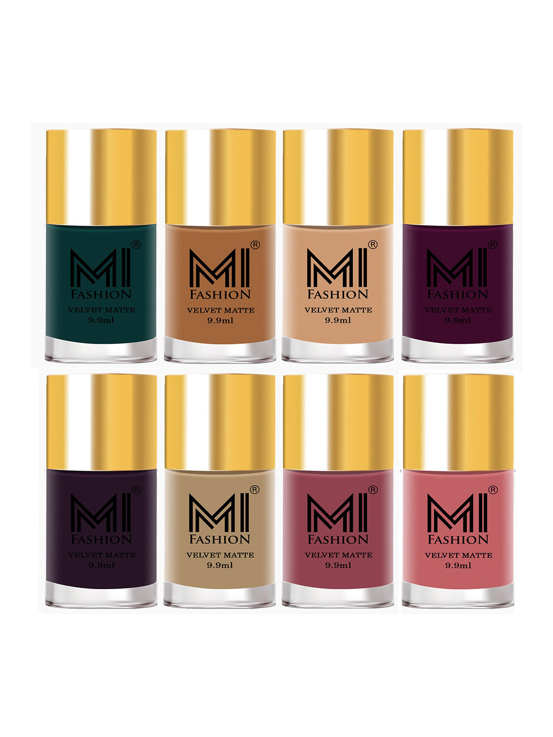 MI FASHION Set of 8 Velvet Matte Long Lasting Nail Polish 9.9 ml Each-Green 12 - Nude 27 - Nude 28 - Purple 29 - Purple 30 - Nude 32 - Tan 33 - Rose 35