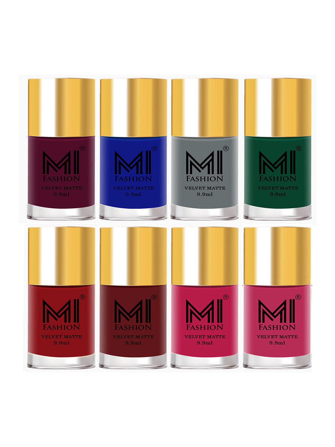 MI FASHION Set of 8 Velvet Matte Long Lasting Nail Polish 9.9 ml Each-Magenta 14 - Blue 19 - Grey 20 - Green 21 - Red 22 - Maroon 23 - Pink 24 - Peach 42