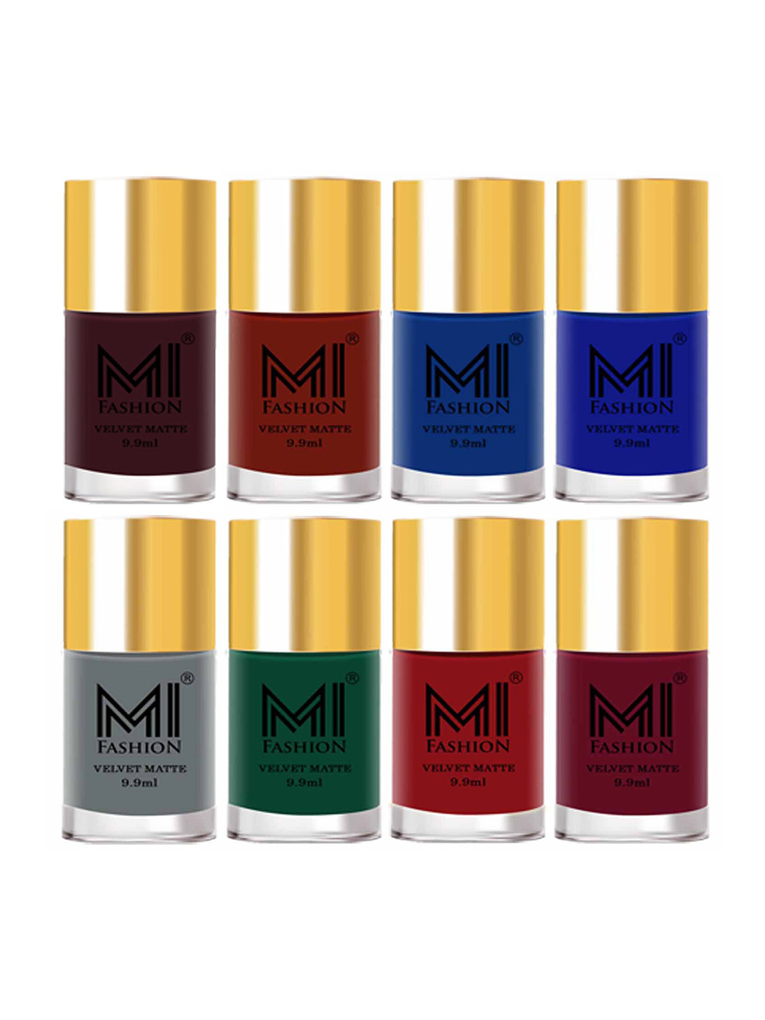 MI FASHION Set of 8 Velvet Matte Long Lasting Nail Polish 9.9 ml Each-Wine 03 - Red 17 - Navy Blue 18 - Blue 19 - Grey 20 - Green 21 - Red 22 - Mauve 25