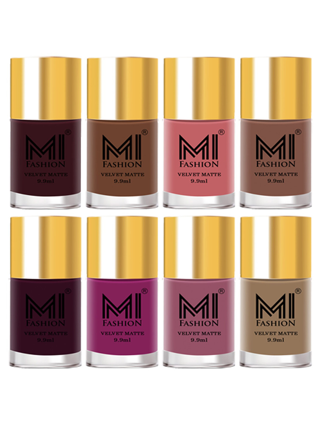 MI FASHION Set of 8 Velvet Matte Long Lasting Nail Polish 9.9 ml Each-Wine 03 - Nude 34 - Rose 35 - Dark Nude 36 - Wine 37 - Plum 38 - Rose 39 - Skin Nude 44