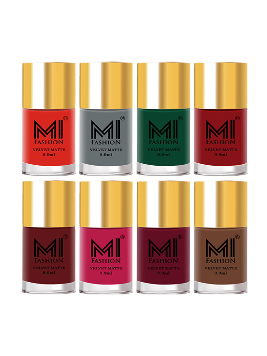 MI FASHION Set of 8 Velvet Matte Long Lasting Nail Polish 9.9 ml Each-Orange 04 - Grey 20 - Green 21 - Red 22 - Maroon 23 - Pink 24 - Mauve 25 - Nude 34