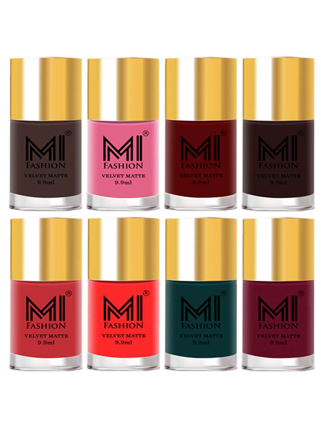 MI FASHION Set of 8 Velvet Matte Long Lasting Nail Polish 9.9 ml Each-Coffee 02 - Baby Pink 07 - Red 08 - Dark Brown 09 - Peach 10 - Orange 11 - Green 12 - Mauve 25