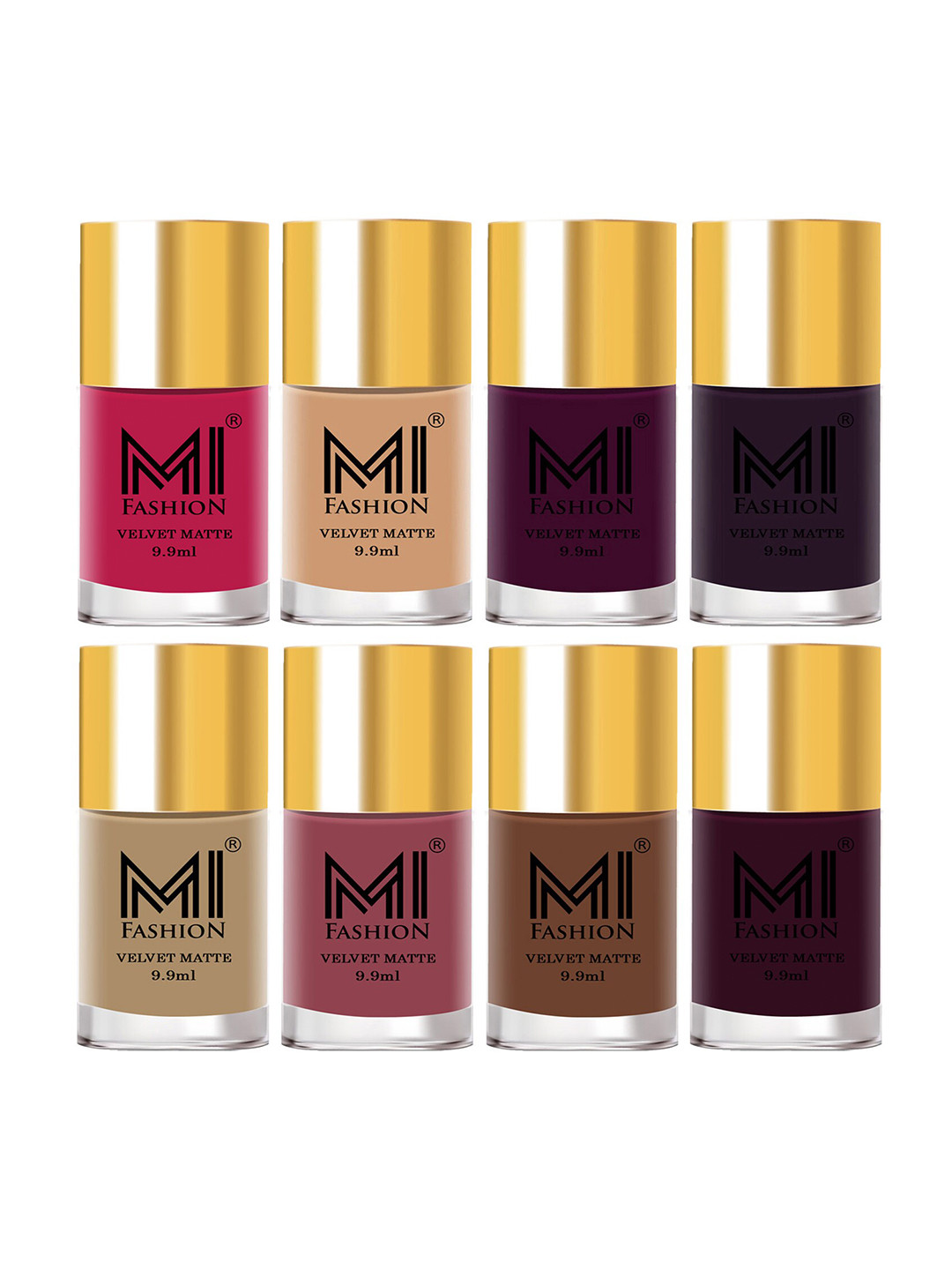 MI FASHION Set of 8 Velvet Matte Long Lasting Nail Polish 9.9 ml Each-Pink 24 - Nude 28 - Purple 29 - Purple 30 - Nude 32 - Tan 33 - Nude 34 - Wine 37
