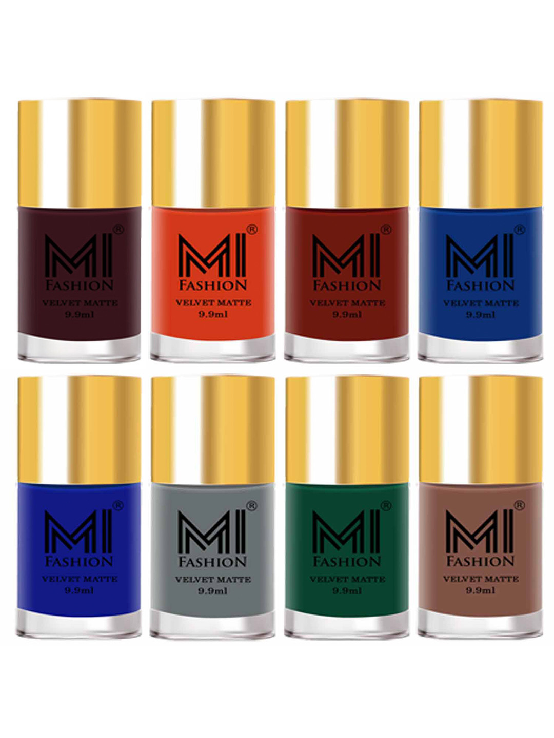MI FASHION Set of 8 Velvet Matte Long Lasting Nail Polish 9.9 ml Each-Wine 03 - Orange 16 - Red 17 - Navy Blue 18 - Blue 19 - Grey 20 - Green 21 - Dark Nude 36