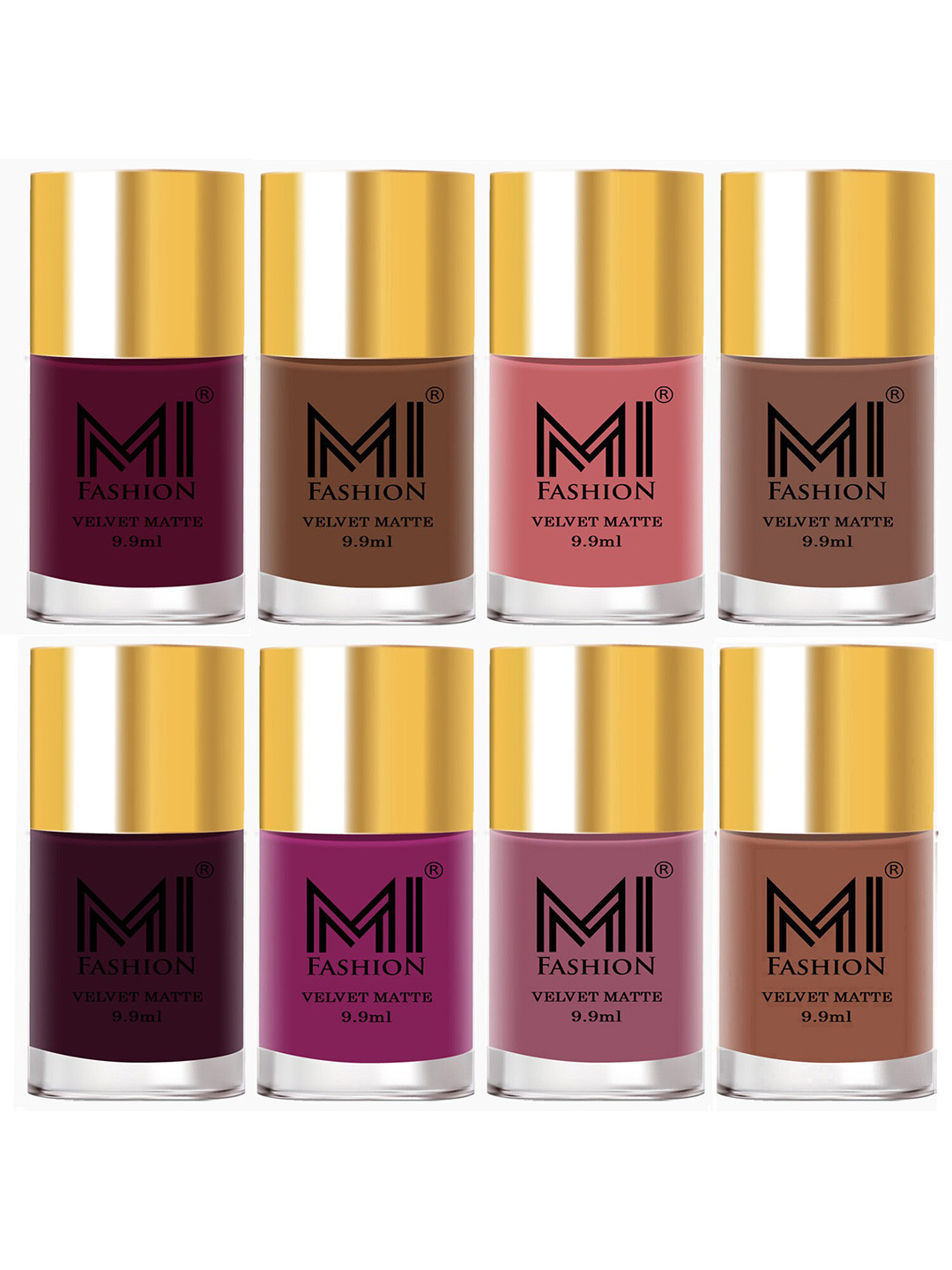 MI FASHION Set of 8 Velvet Matte Long Lasting Nail Polish 9.9 ml Each-Magenta 14 - Nude 34 - Rose 35 - Dark Nude 36 - Wine 37 - Plum 38 - Rose 39 - Nude 45