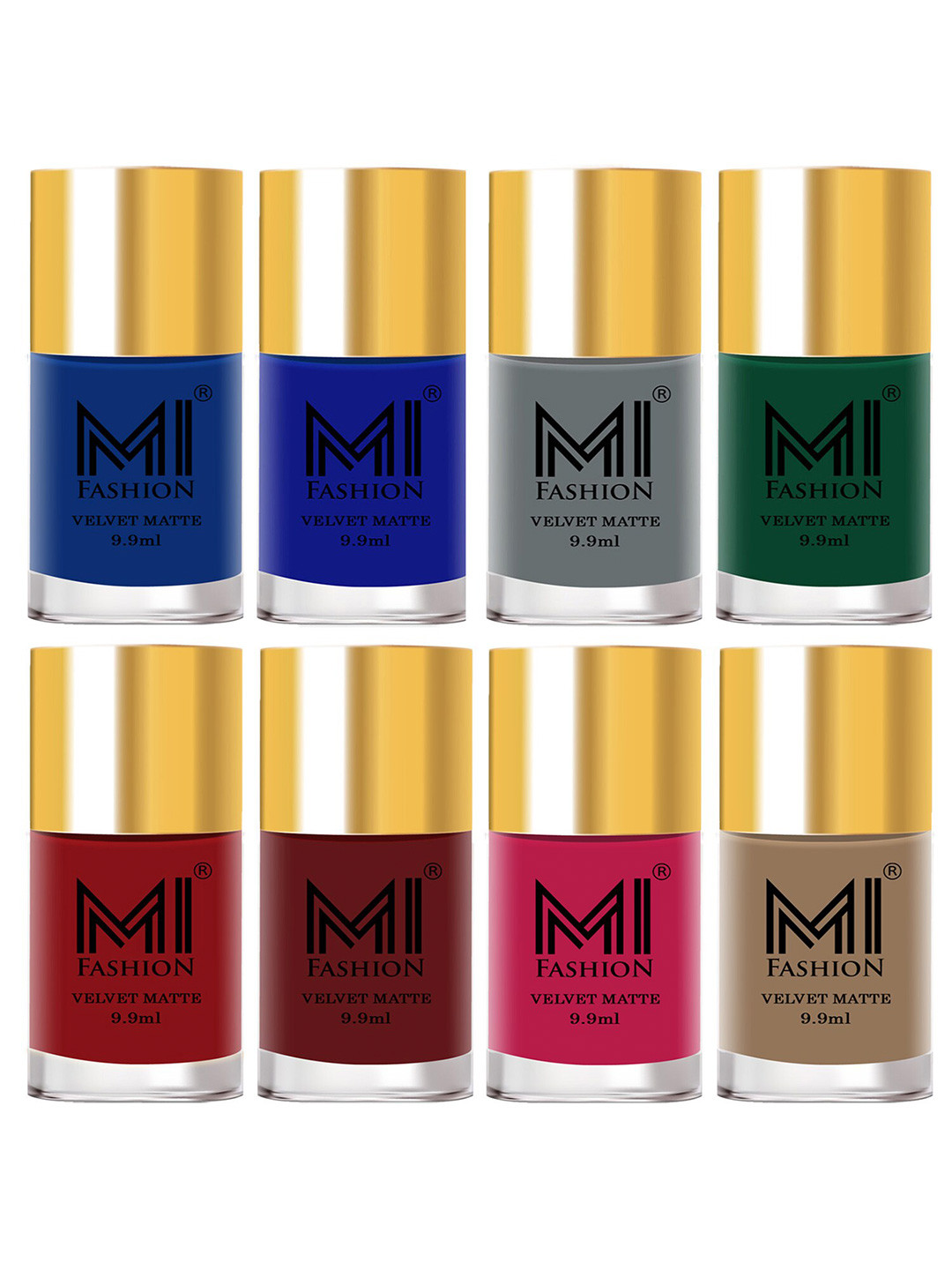 MI FASHION Set of 8 Velvet Matte Long Lasting Nail Polish 9.9 ml Each-Navy Blue 18 - Blue 19 - Grey 20 - Green 21 - Red 22 - Maroon 23 - Pink 24 - Skin Nude 44