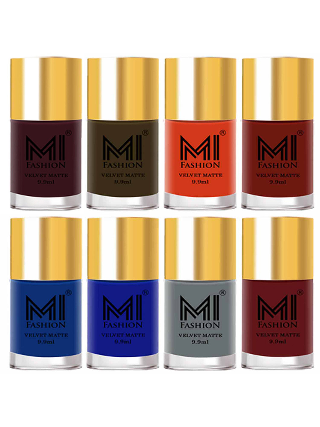 MI FASHION Set of 8 Velvet Matte Long Lasting Nail Polish 9.9 ml Each-Wine 03 - Brown 15 - Orange 15 - Red 16 - Navy Blue 17 - Blue 18 - Grey 19 - Maroon 23