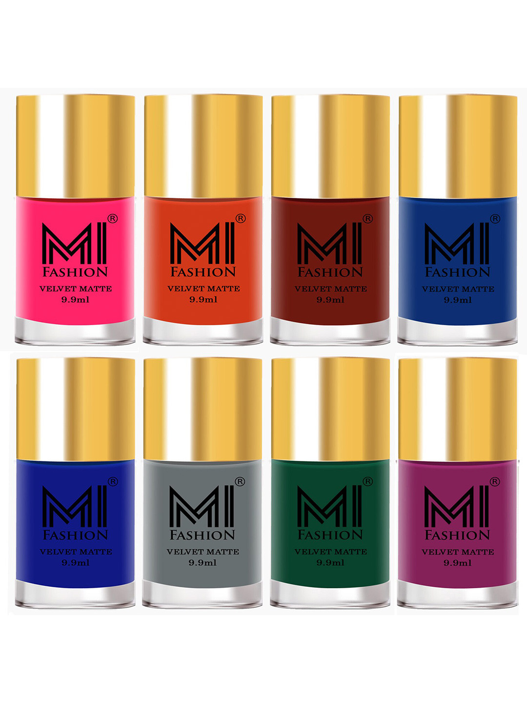 MI FASHION Set of 8 Velvet Matte Long Lasting Nail Polish 9.9 ml Each-Pink 13 - Orange 16 - Red 17 - Navy Blue 18 - Blue 19 - Grey 20 - Green 21 - Plum 38