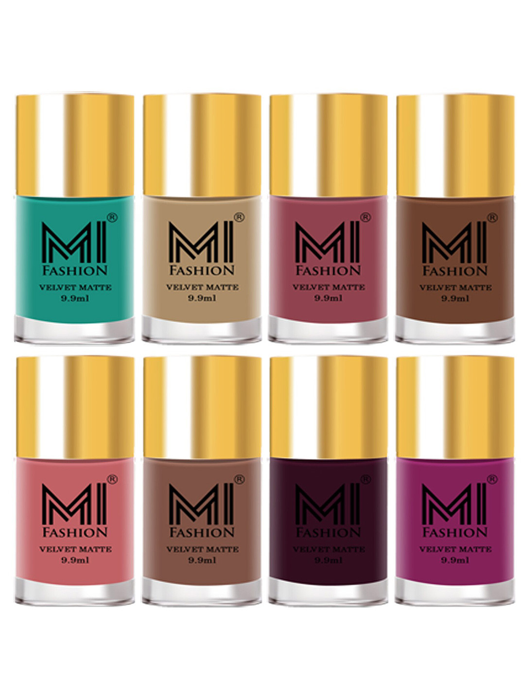 MI FASHION Set of 8 Velvet Matte Long Lasting Nail Polish 9.9 ml Each-Blue 06 - Nude 32 - Tan 33 - Nude 34 - Rose 35 - Dark Nude 36 - Wine 37 - Plum 38