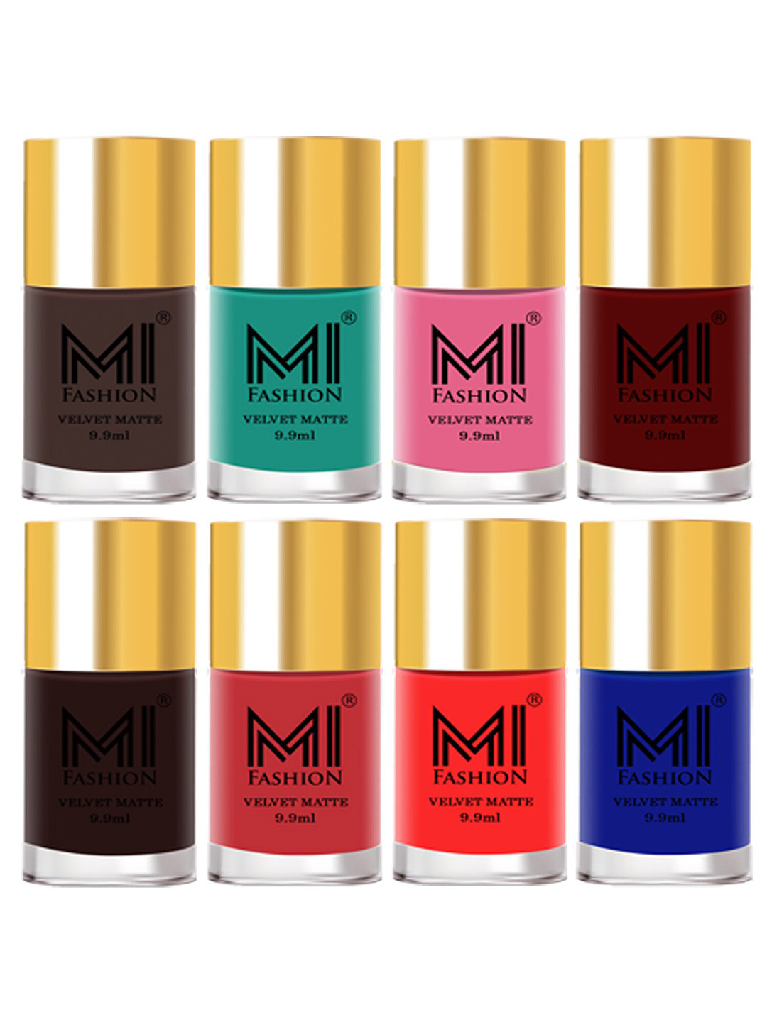 MI FASHION Set of 8 Velvet Matte Long Lasting Nail Polish 9.9 ml Each-Coffee 02 - Blue 06 - Baby Pink 07 - Red 08 - Dark Brown 09 - Peach 10 - Orange 11 - Blue 19