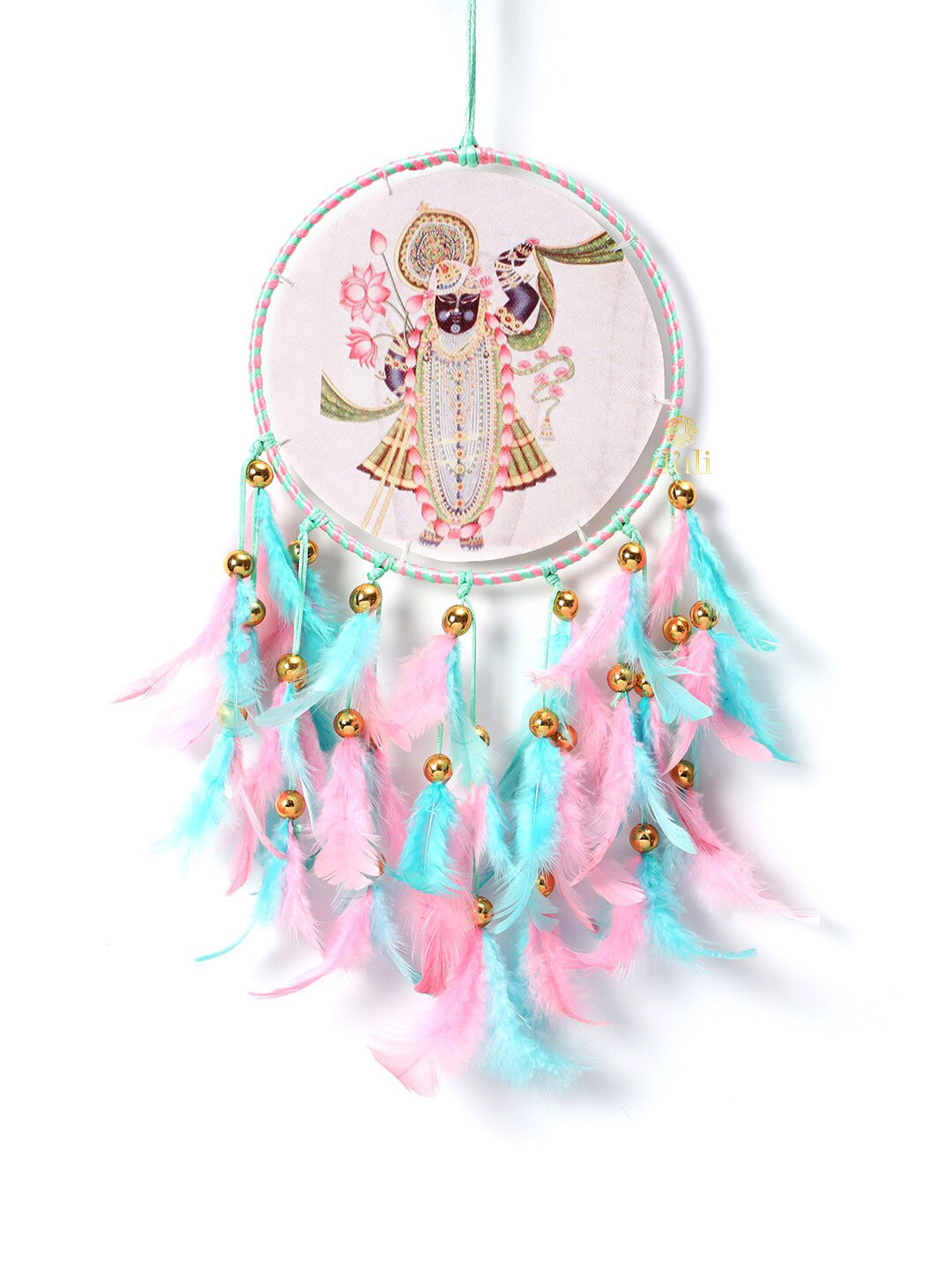 DULI Blue & Pink Srinathji Printed Hanging Dream Catcher with Feathers