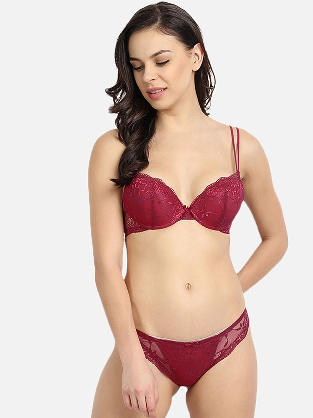 DEALSEVEN FASHION Lace Detail Lightly Padded Mid-Rise Lingerie Set