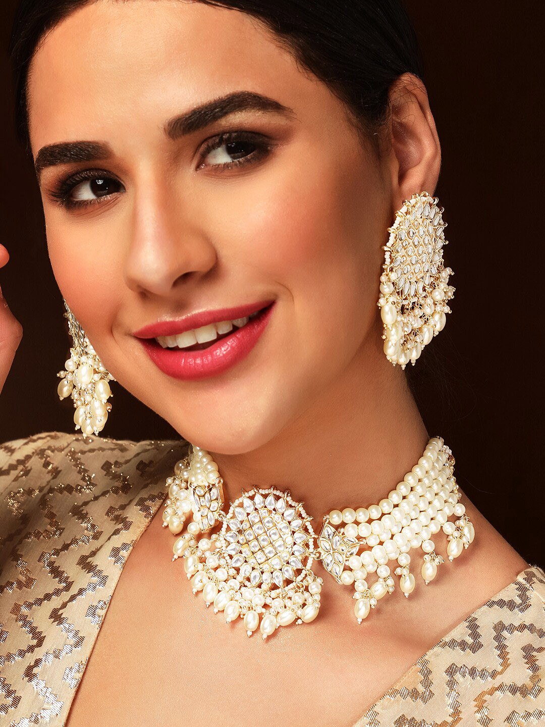 Rubans 22K Gold-Plated White Kundan Studded & Pearl Beaded Choker Set with Earrings
