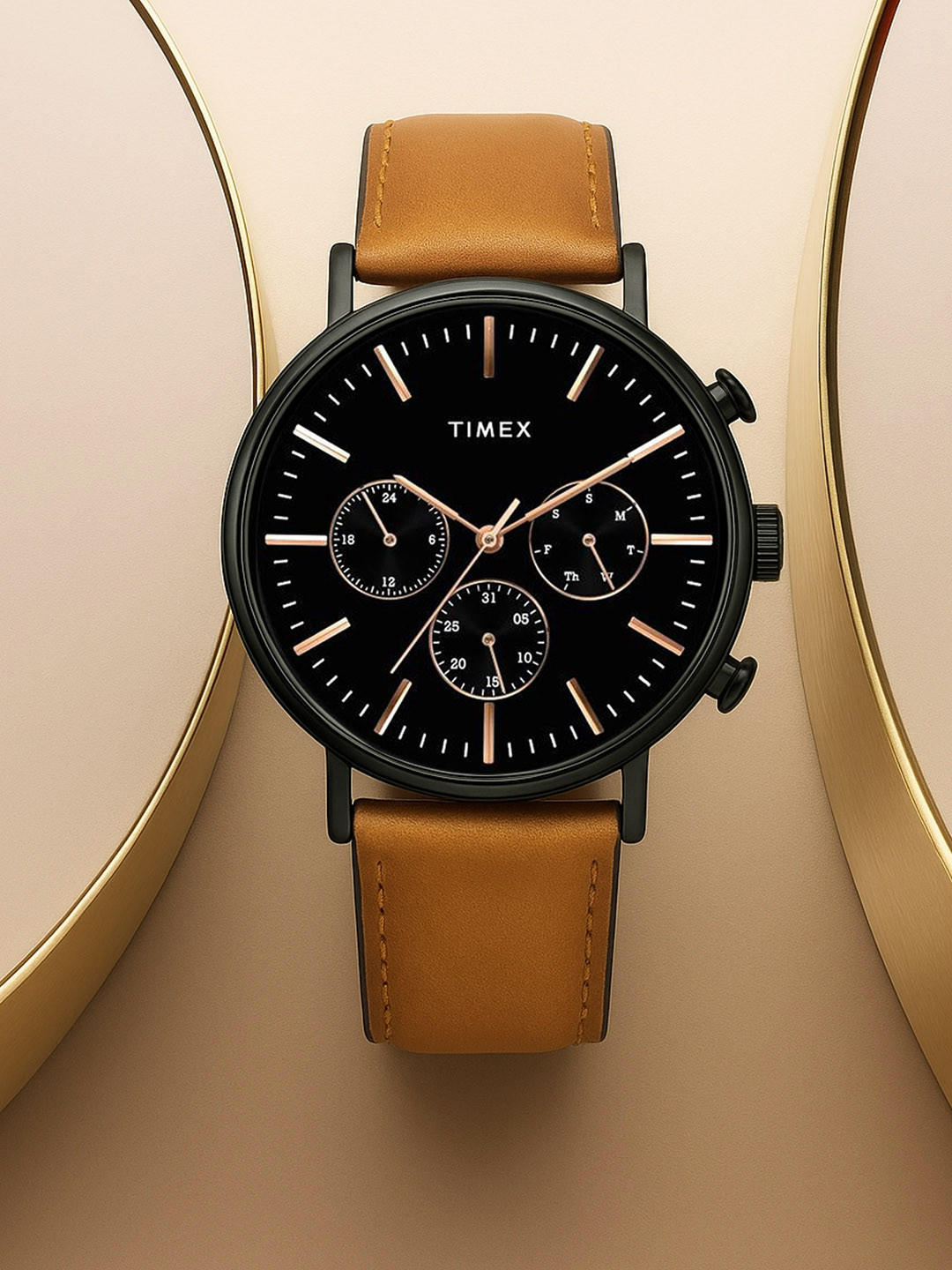 Timex Men Black Brass Dial & Brown Leather Straps Analogue Watch TWEG20006