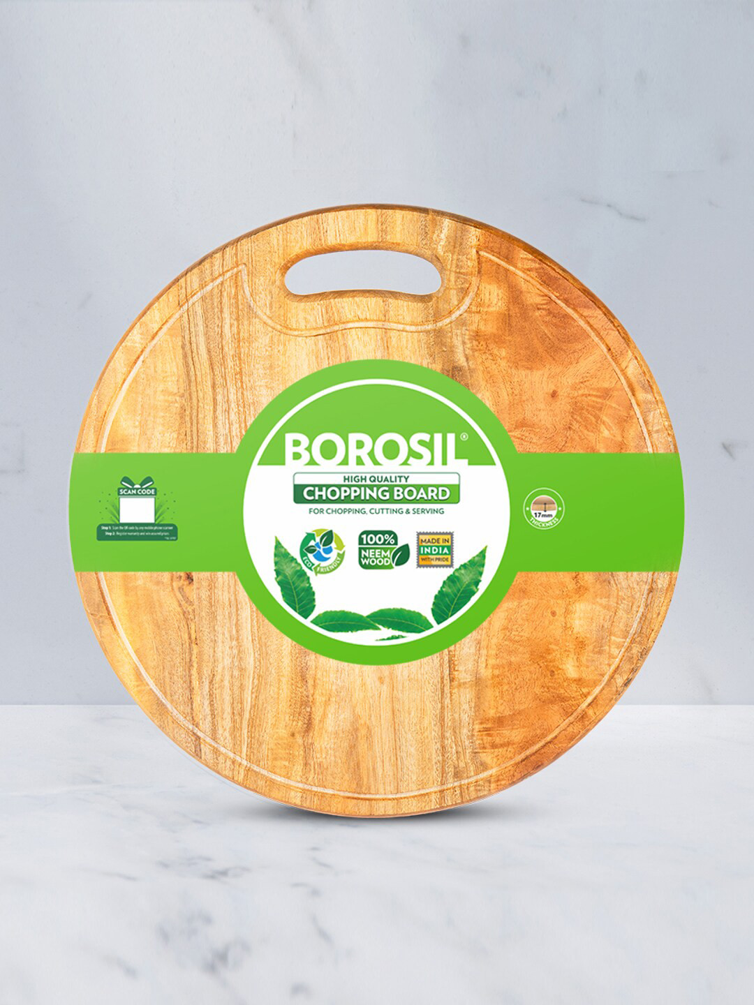 BOROSIL Brown Round Shaped Anti-Microbial Organic Neem Wood Chopping Board