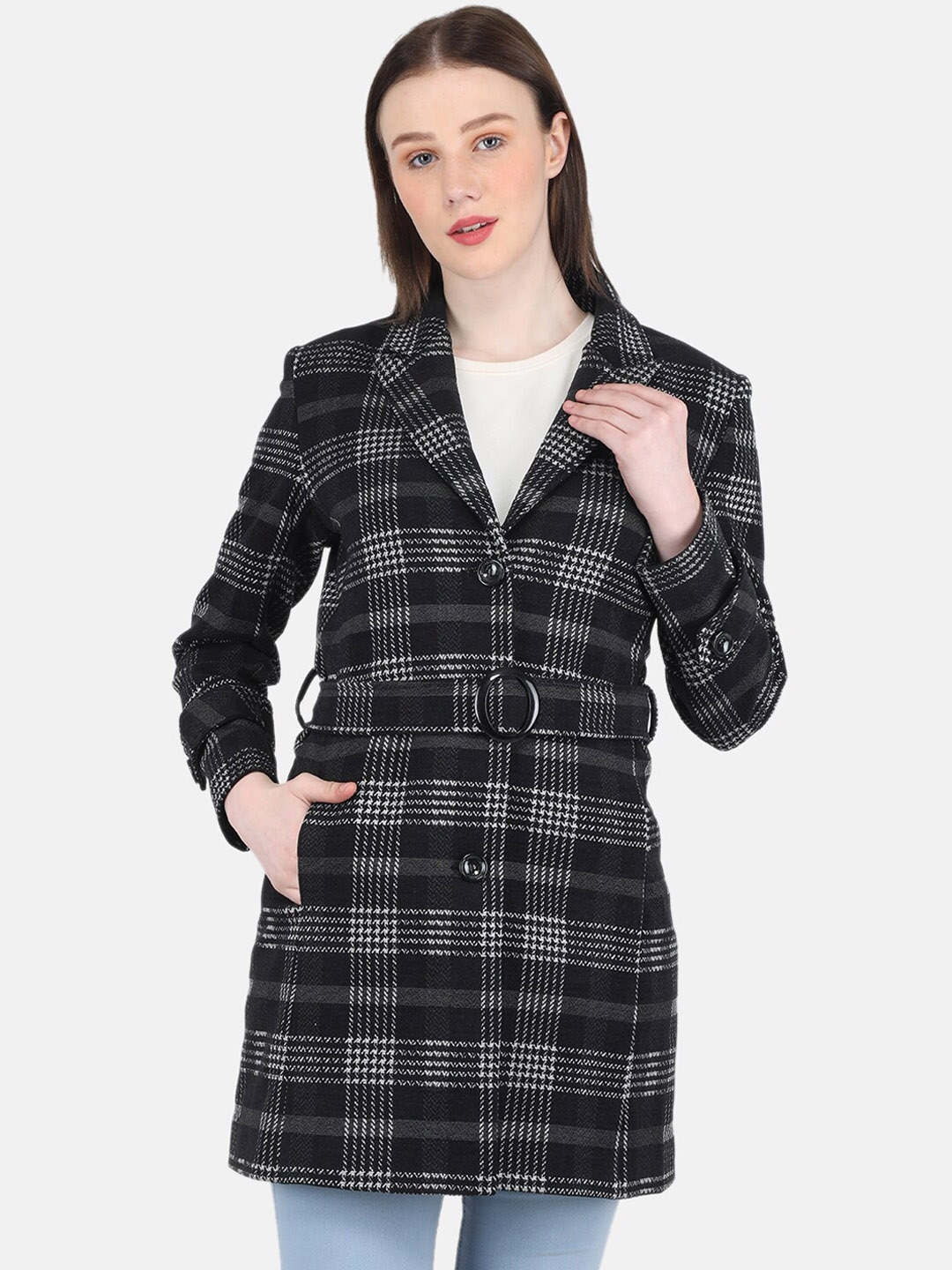 Buy Monte Carlo Women Blended Yarn Check Collar Coat Coats for