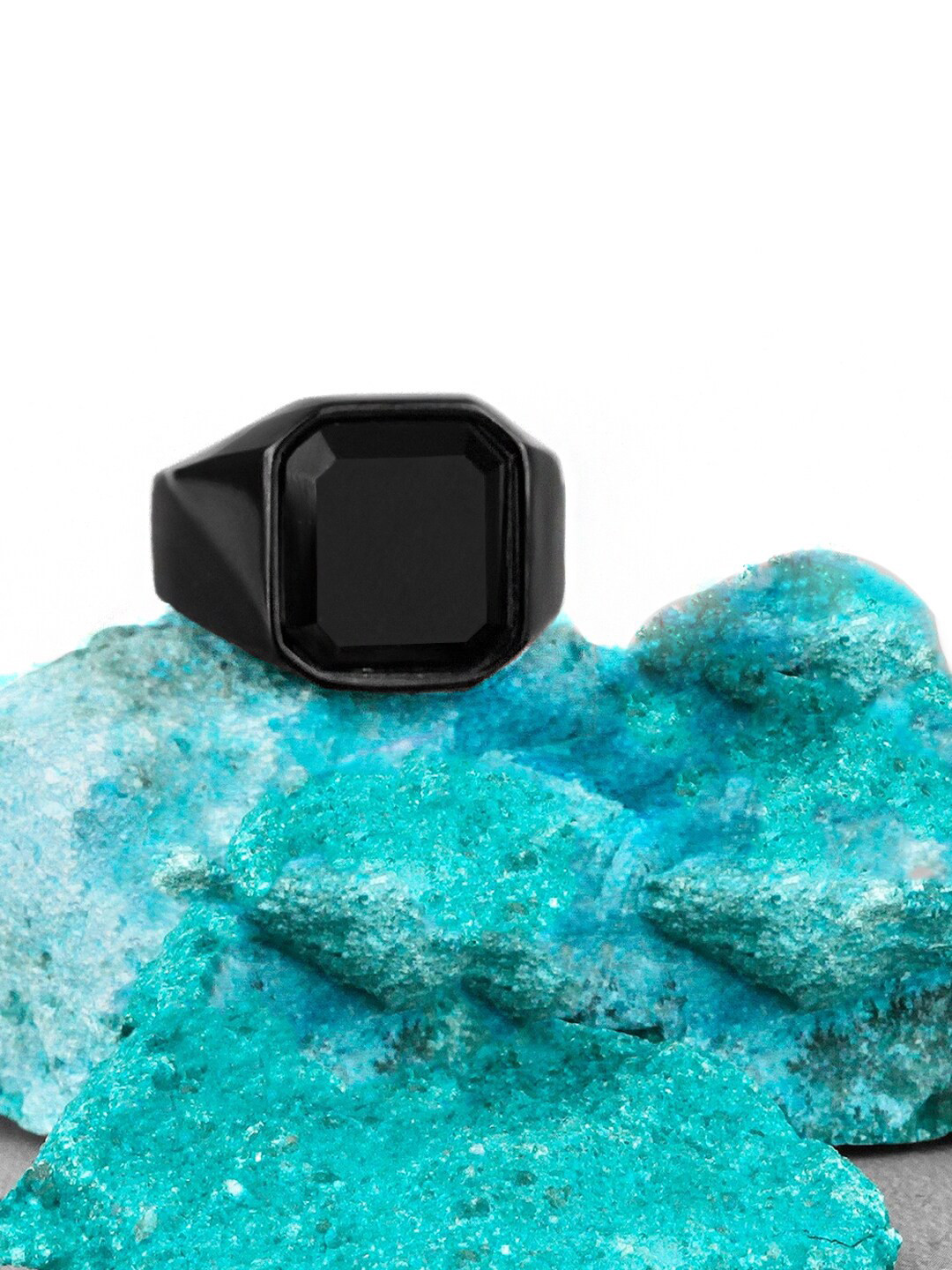Yellow Chimes Men Stone Studded Square Shaped Stainless Steel Finger Ring