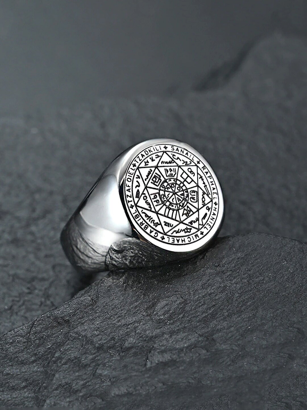 Yellow Chimes Men Silver-Plated Seven Archangles Protection Finger Ring