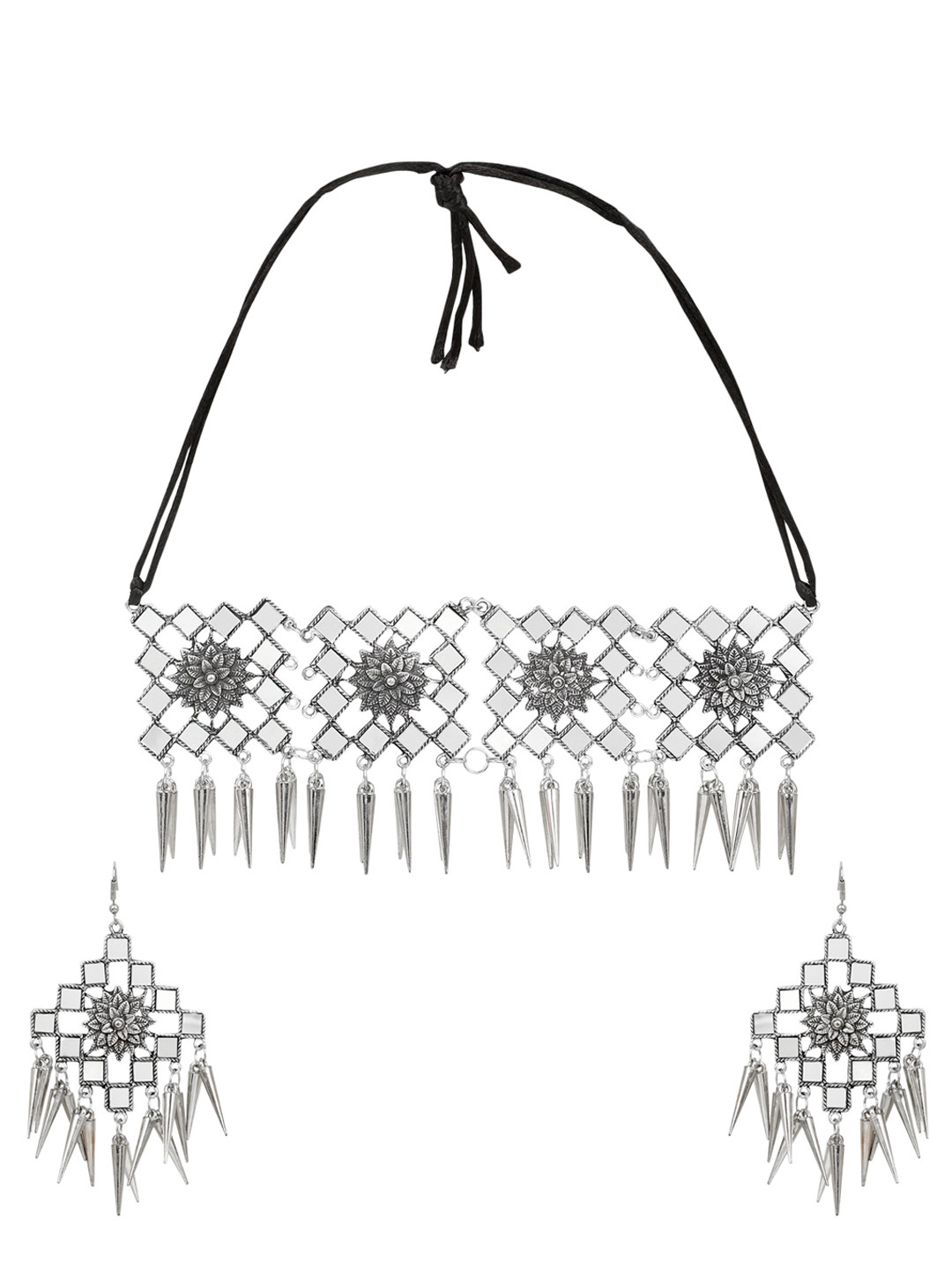 STEORRA JEWELS Oxidised Silver-Plated Mirror Embedded Jewellery Set