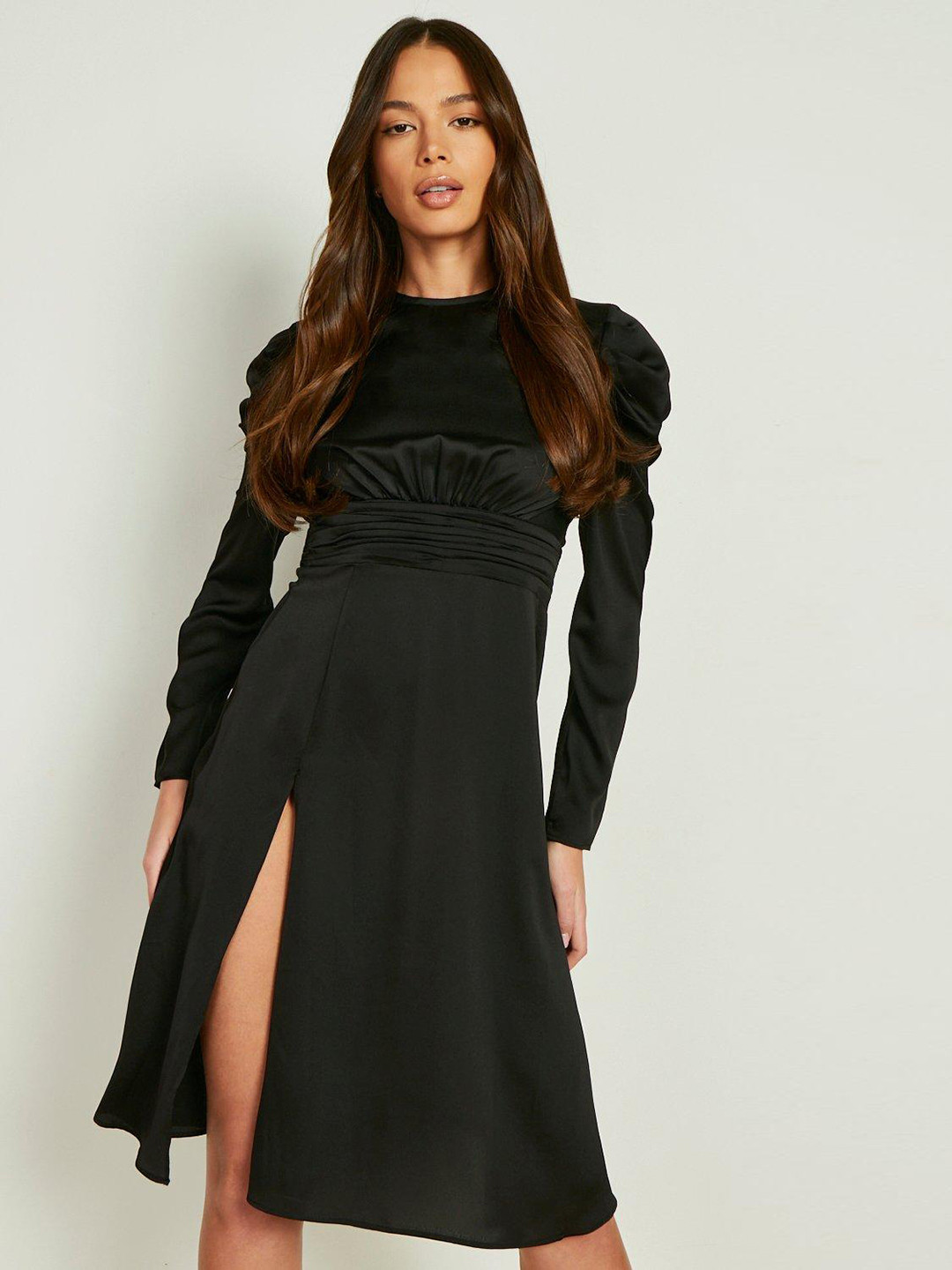 Boohoo Satin Puff Sleeve Split Dress